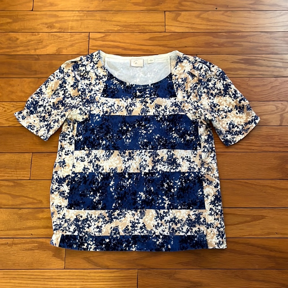 Anthropologie Postmark Top Womens Small Blue Cream Striped Short Sleeves